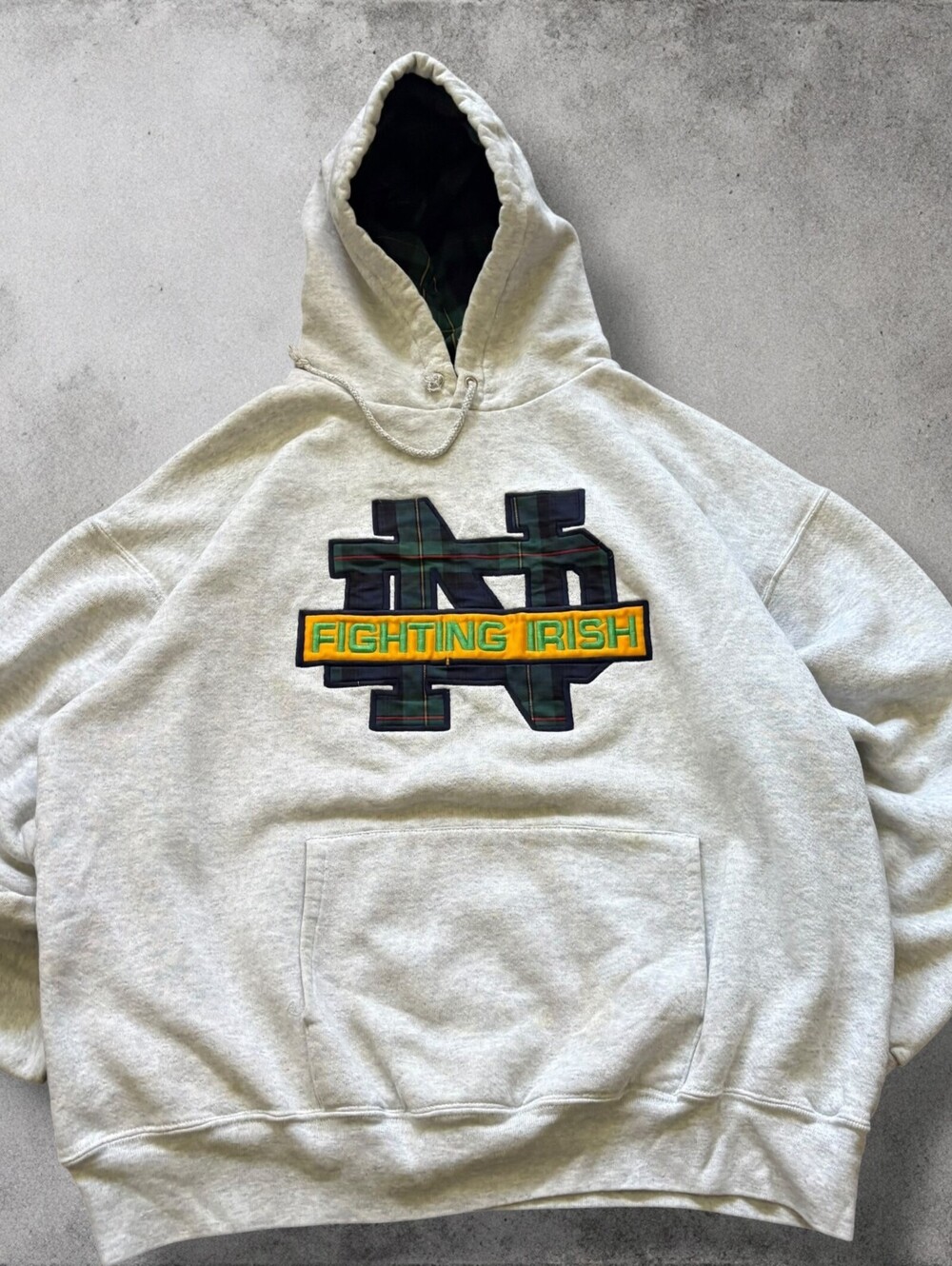 Vintage 90s Notre Dame Tartan Plaid Collegiate Hoodie Mens Large Nutmeg Mills
